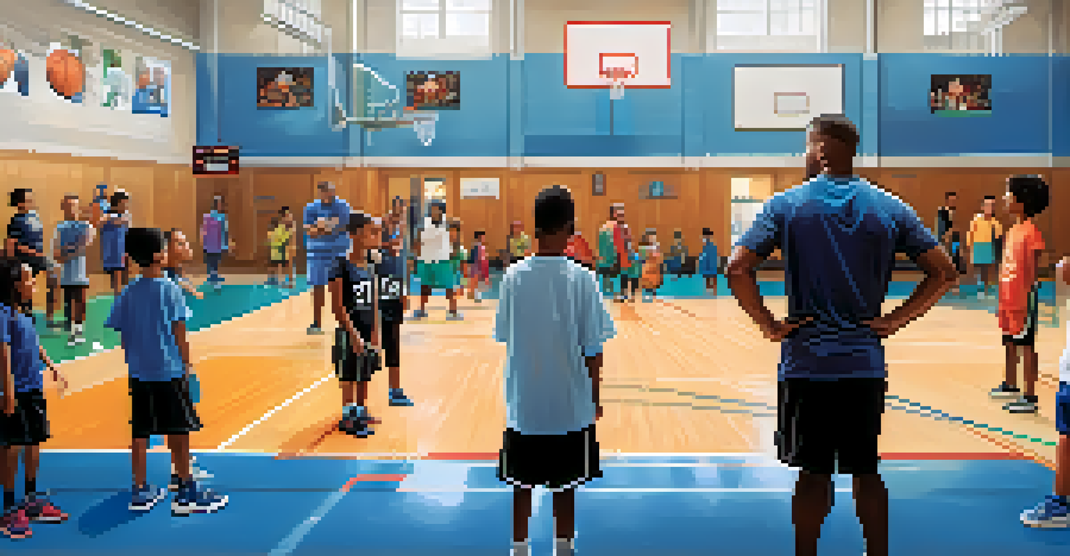 Young athletes participating in a basketball training session inside a community center, with a coach giving guidance.