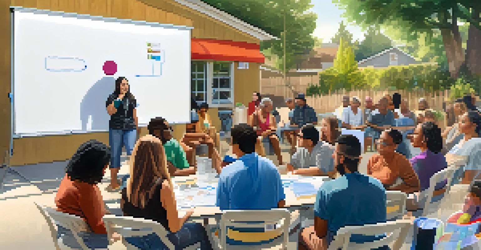A diverse group of residents in a Sacramento neighborhood discussing housing solutions during a community meeting.