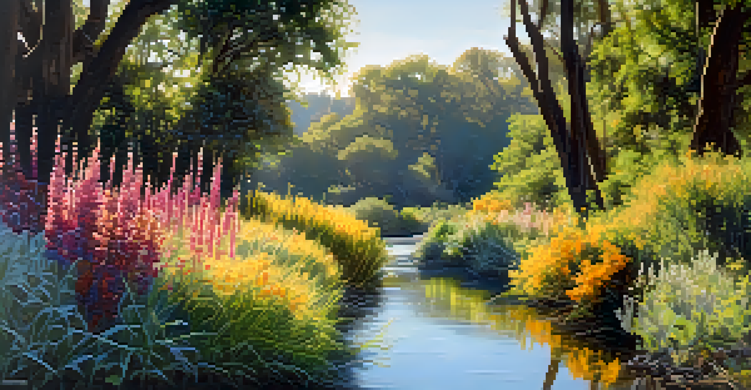 A close-up of a lush riparian zone with native plants and sunlight filtering through the leaves, showcasing local wildlife.