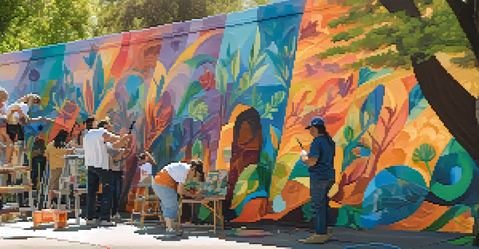 Local artists painting a colorful mural in Sacramento, showcasing cultural diversity, with community members observing and participating.