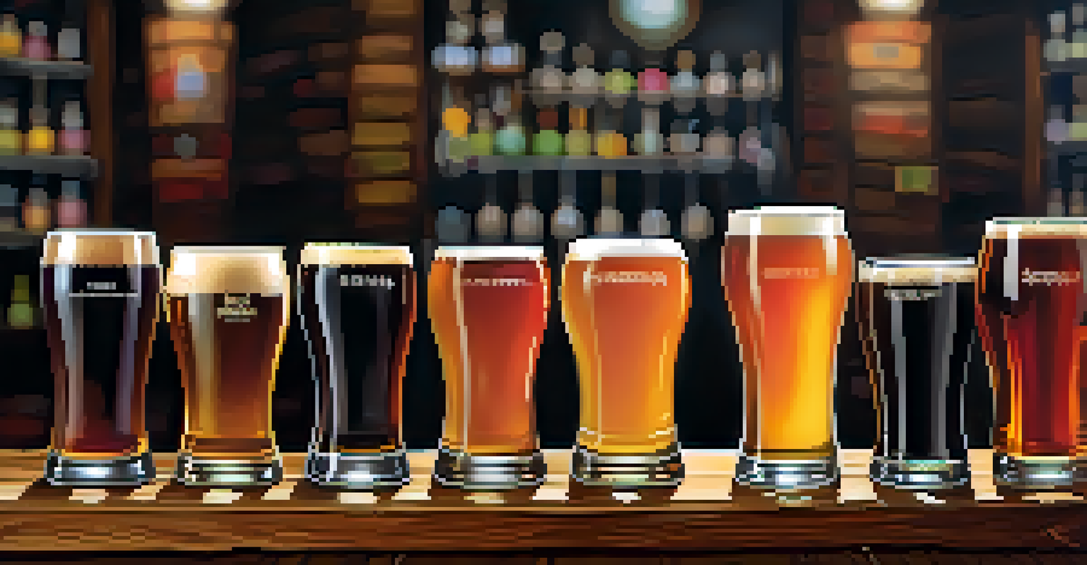 A close-up of a craft beer flight with small glasses of colorful beers on a wooden table, set against a brewery backdrop.