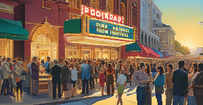 A vibrant film festival scene with a diverse crowd at a historic theater entrance, colorful banners, and a warm sunset.