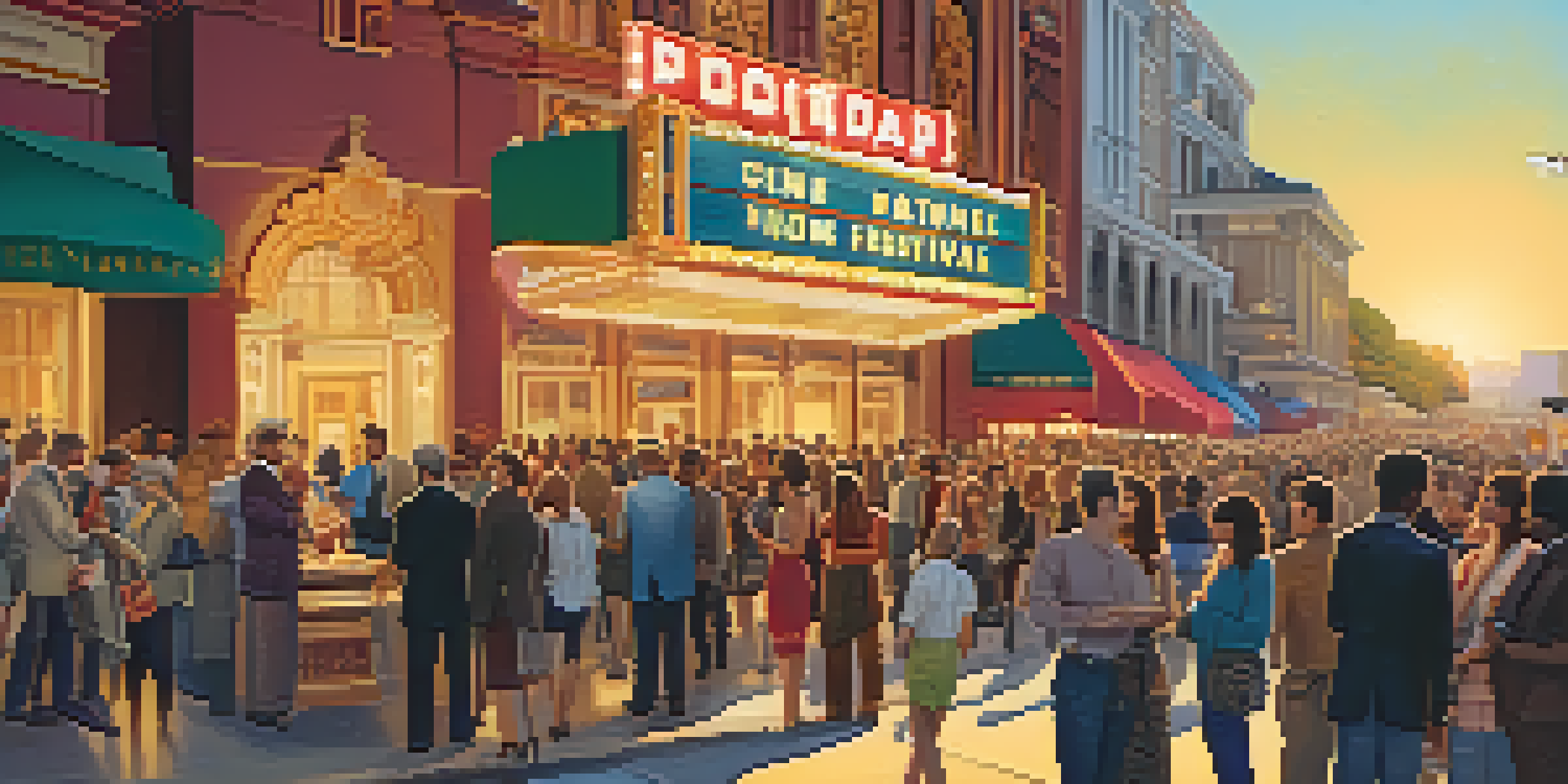 A vibrant film festival scene with a diverse crowd at a historic theater entrance, colorful banners, and a warm sunset.