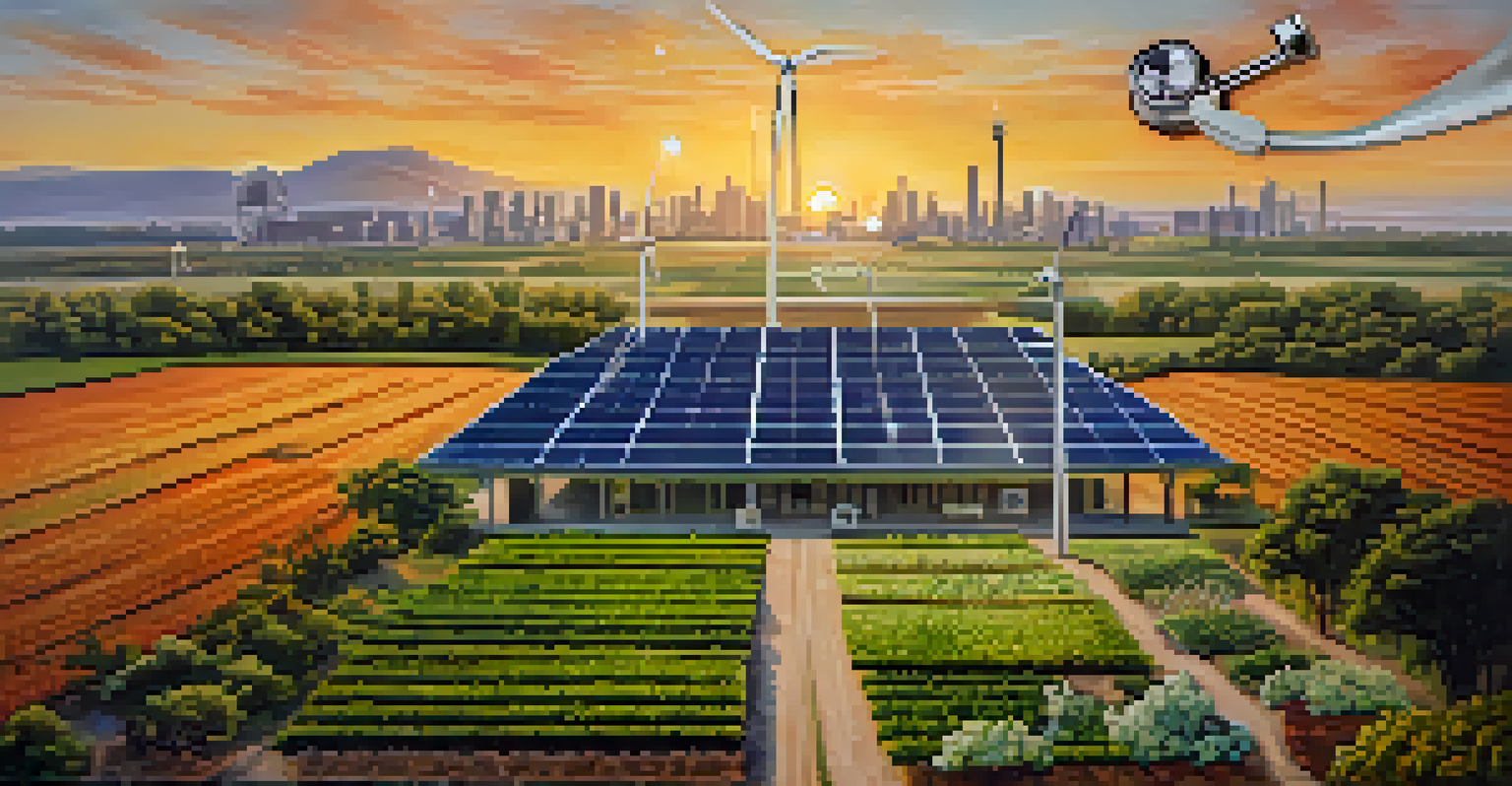 A collage showcasing Sacramento's industries, featuring a stethoscope, crops, and solar panels against the city's skyline at sunset.