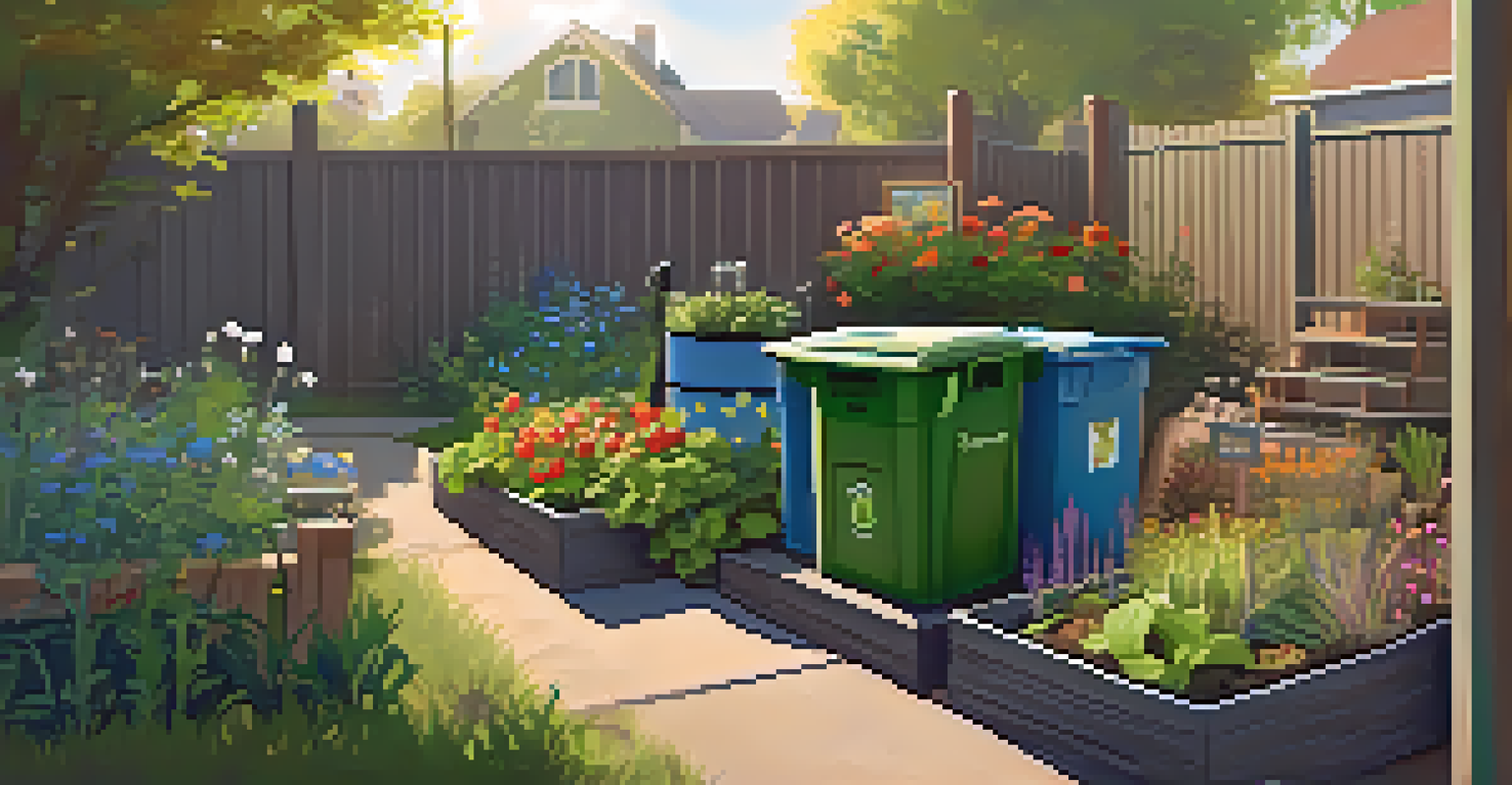 A composting area in a community garden, surrounded by healthy plants and educational signs about sustainability.