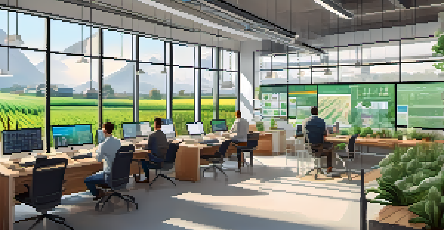 Modern workspace of an AgTech startup with farmers discussing sustainable practices and data analytics.