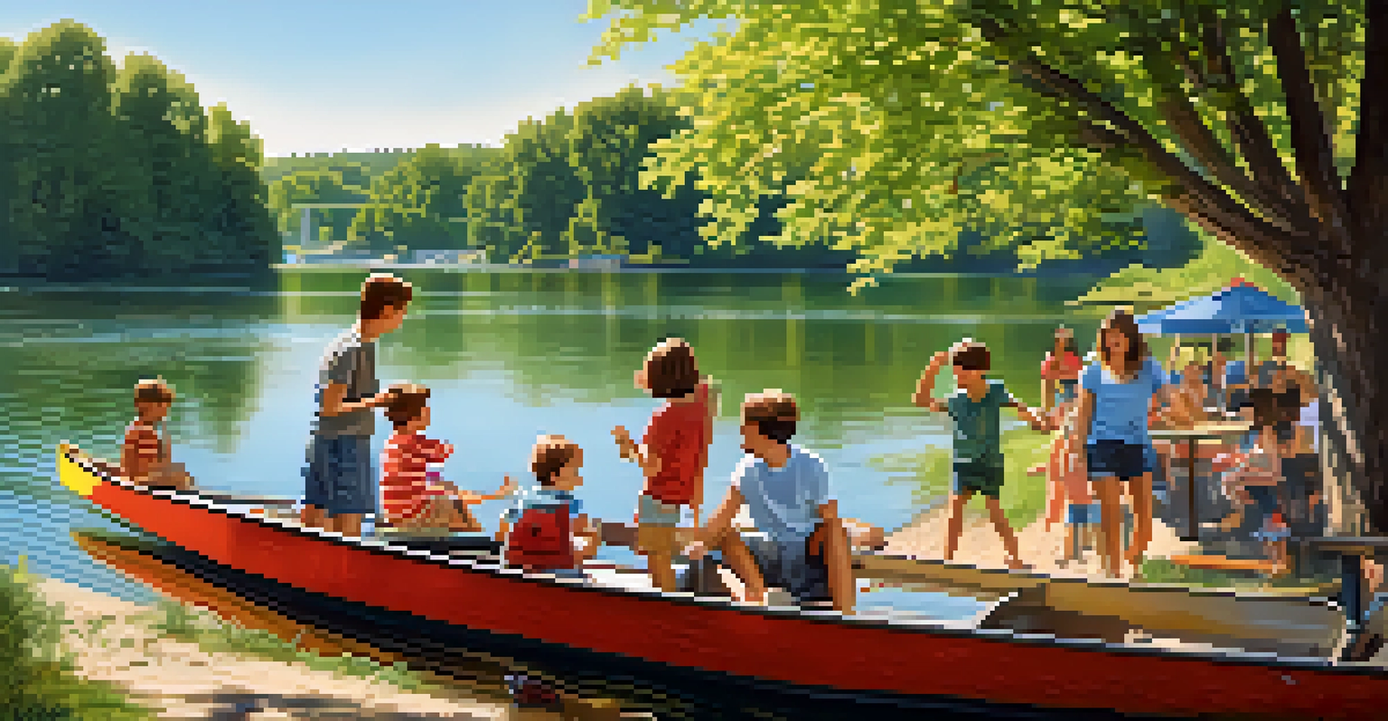 A family rents paddle boats by the river in a park, with trees and a picnic area in the background under bright sunlight.