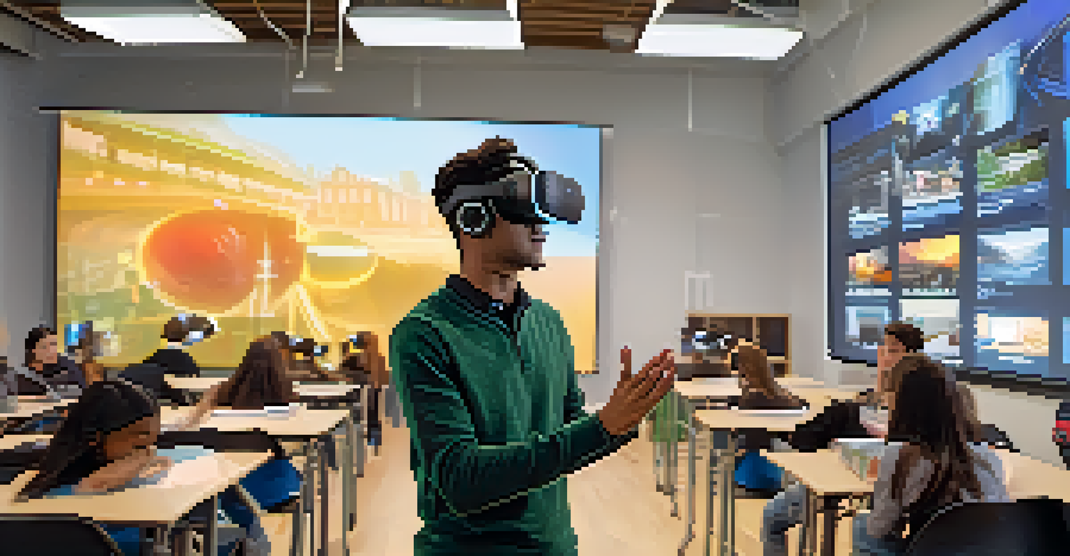 A college student immersed in learning using a virtual reality headset in a modern classroom.