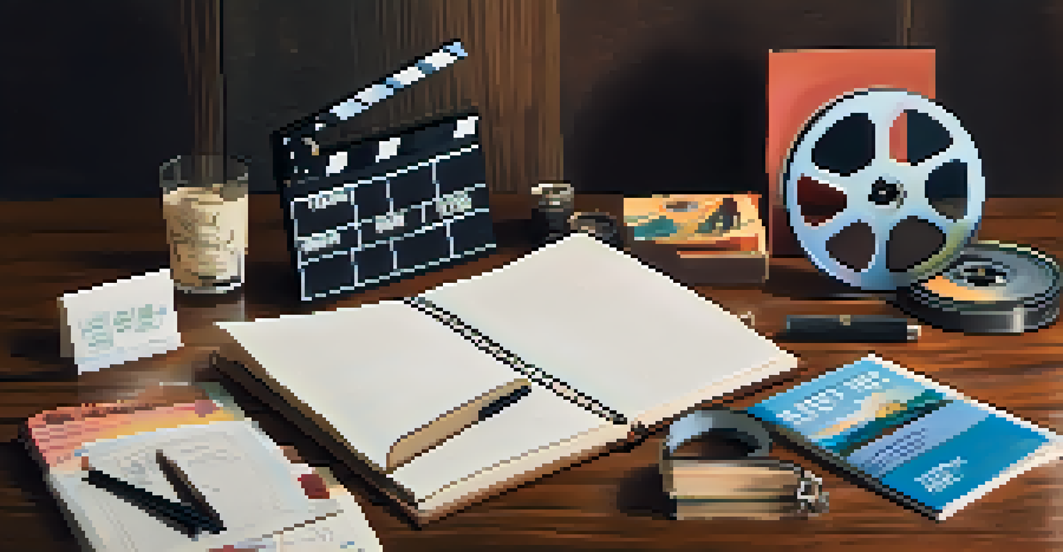 A flat lay of film festival materials including a film reel, clapperboard, and brochures on a wooden table.