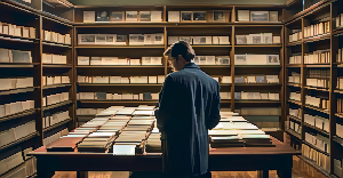 An archival room filled with shelves of historical documents, with a researcher examining a manuscript at a table.