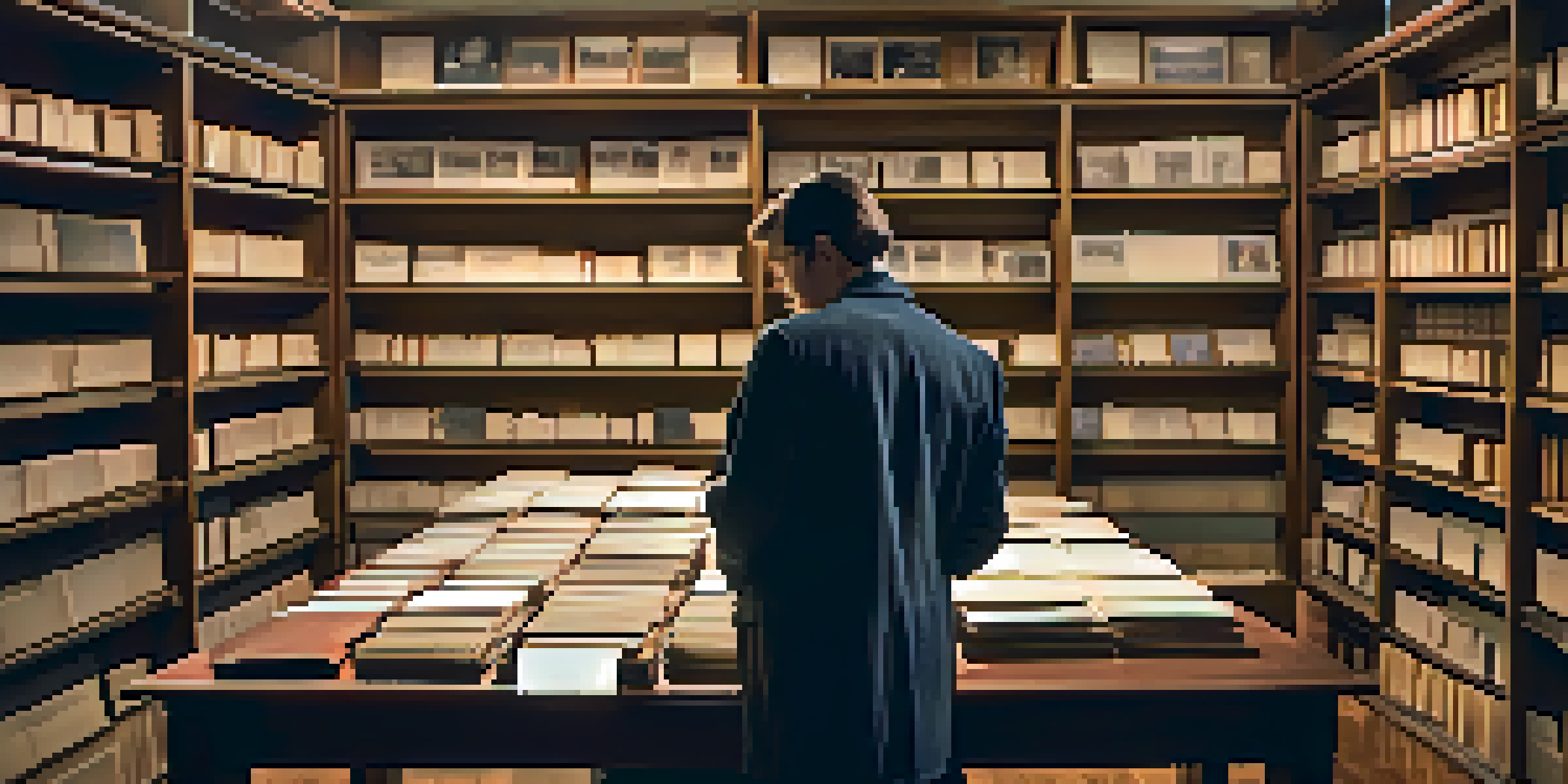 An archival room filled with shelves of historical documents, with a researcher examining a manuscript at a table.