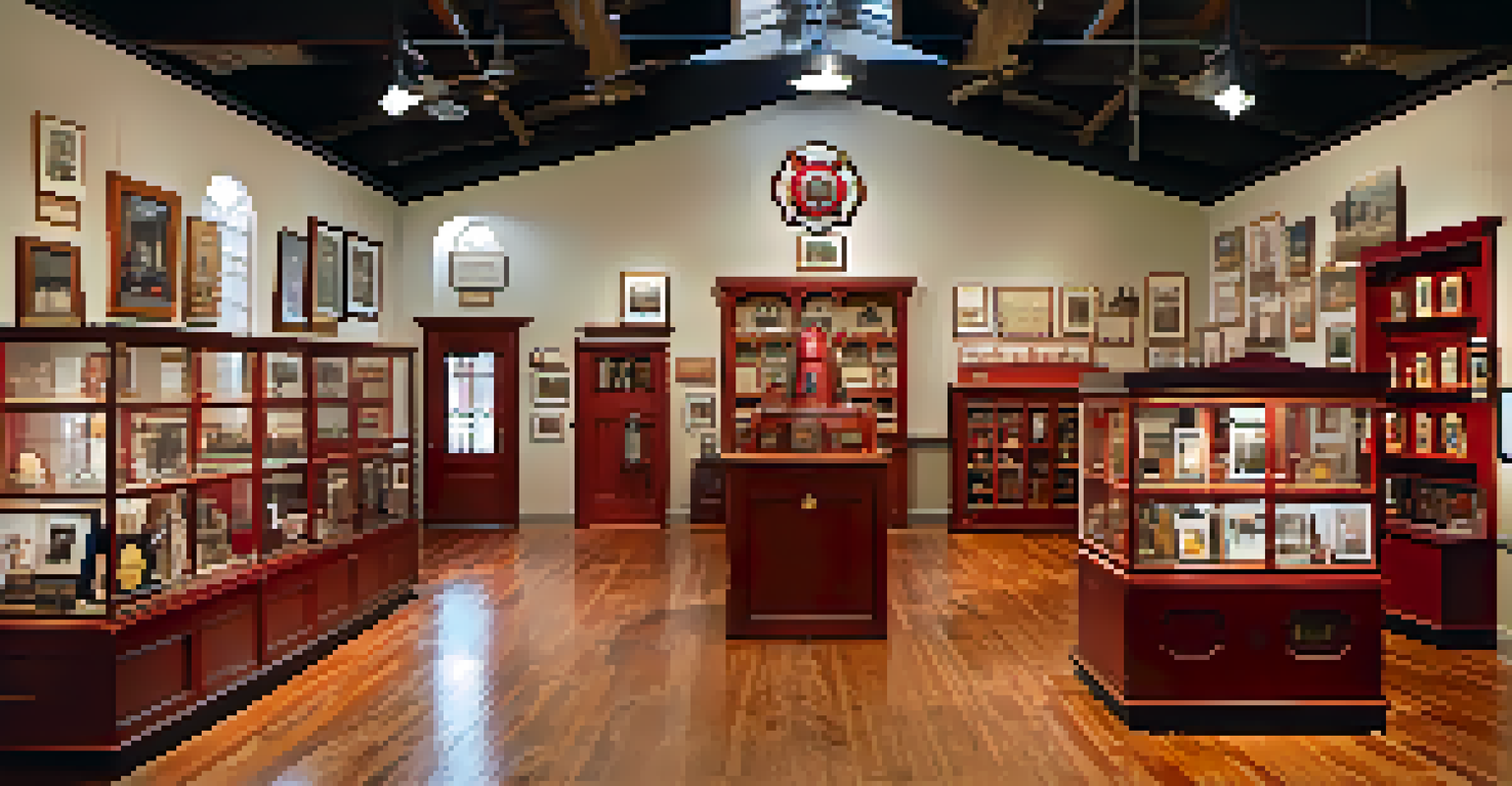 The interior of a firehouse museum displaying vintage firefighting equipment and memorabilia, with visitors exploring the exhibits.