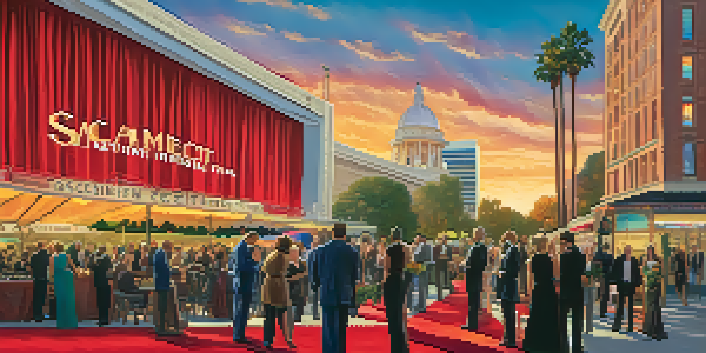 A lively scene of the Sacramento International Film Festival with filmmakers on the red carpet and the Sacramento skyline at sunset.