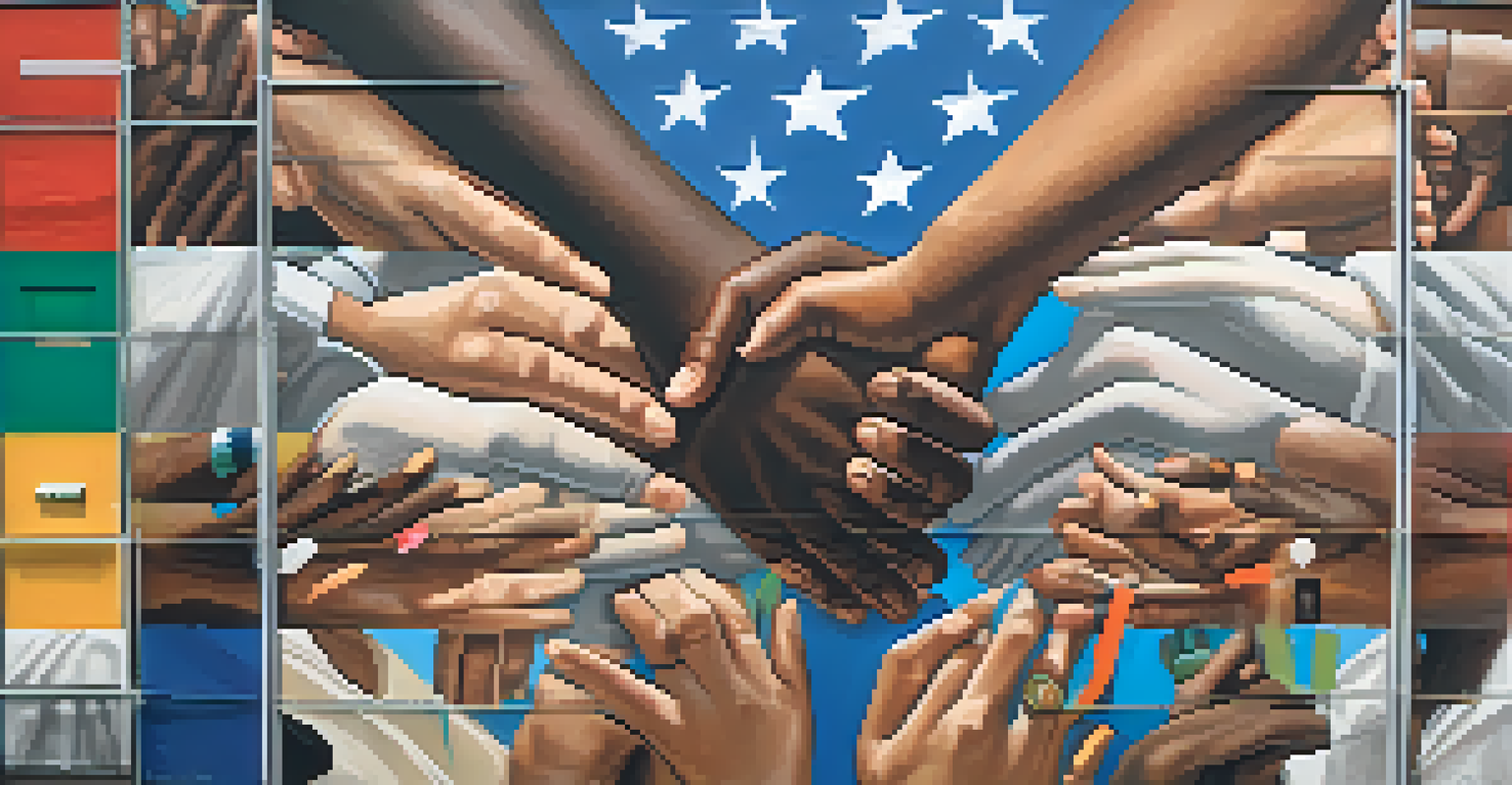 A close-up of diverse hands united together against a colorful mural representing hope and activism.