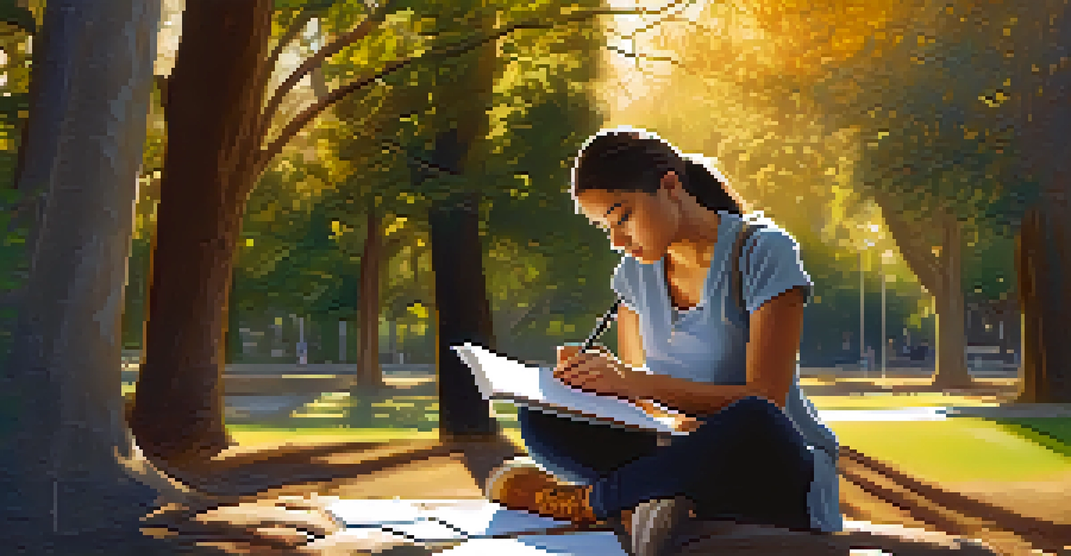 An author writing in a notebook at a park in Sacramento, with sunlight shining through the trees.