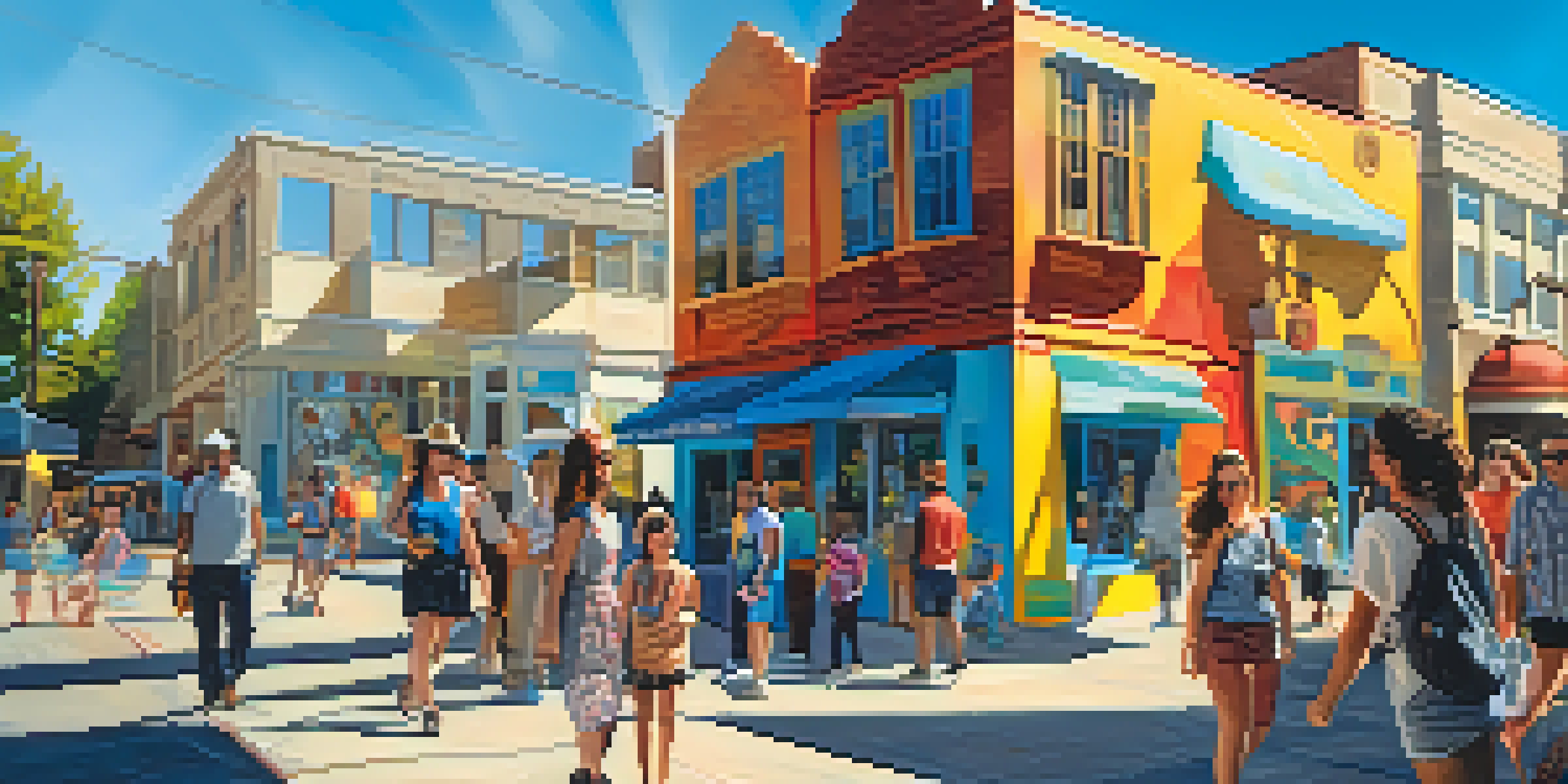 Families wandering through an outdoor art space featuring colorful murals and sculptures under a sunny sky.