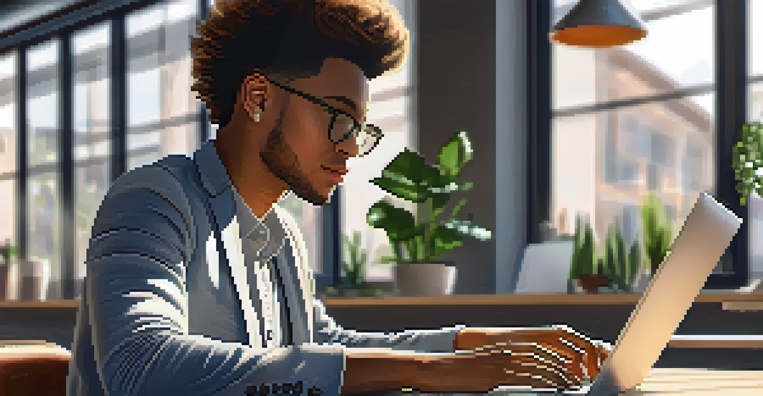 A close-up of a young entrepreneur working on a laptop in a modern co-working space with natural light and contemporary design.