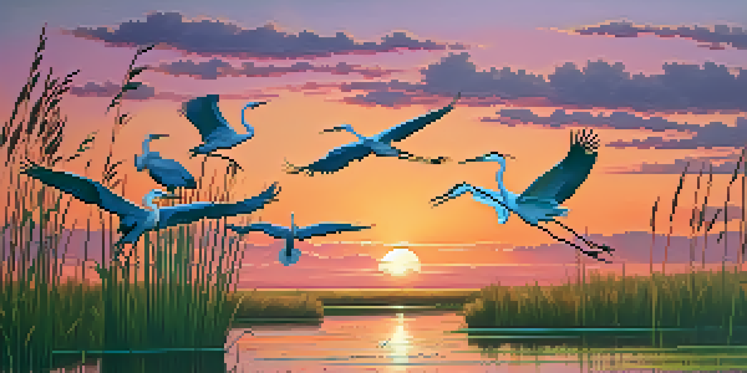 A tranquil wetland at sunset with birds flying over water, colorful sky, and green reeds.
