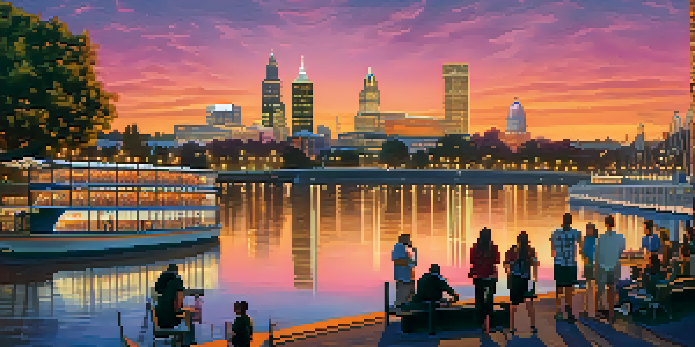 A colorful sunset over Sacramento's skyline with the Tower Bridge lit up and people enjoying outdoor cafes.