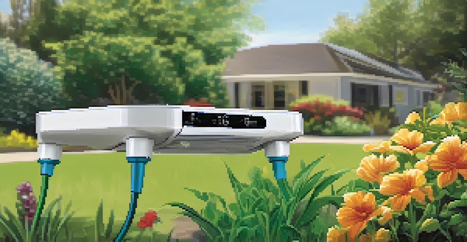 Close-up of a smart irrigation system in a Sacramento garden, displaying real-time data and surrounded by thriving plants.