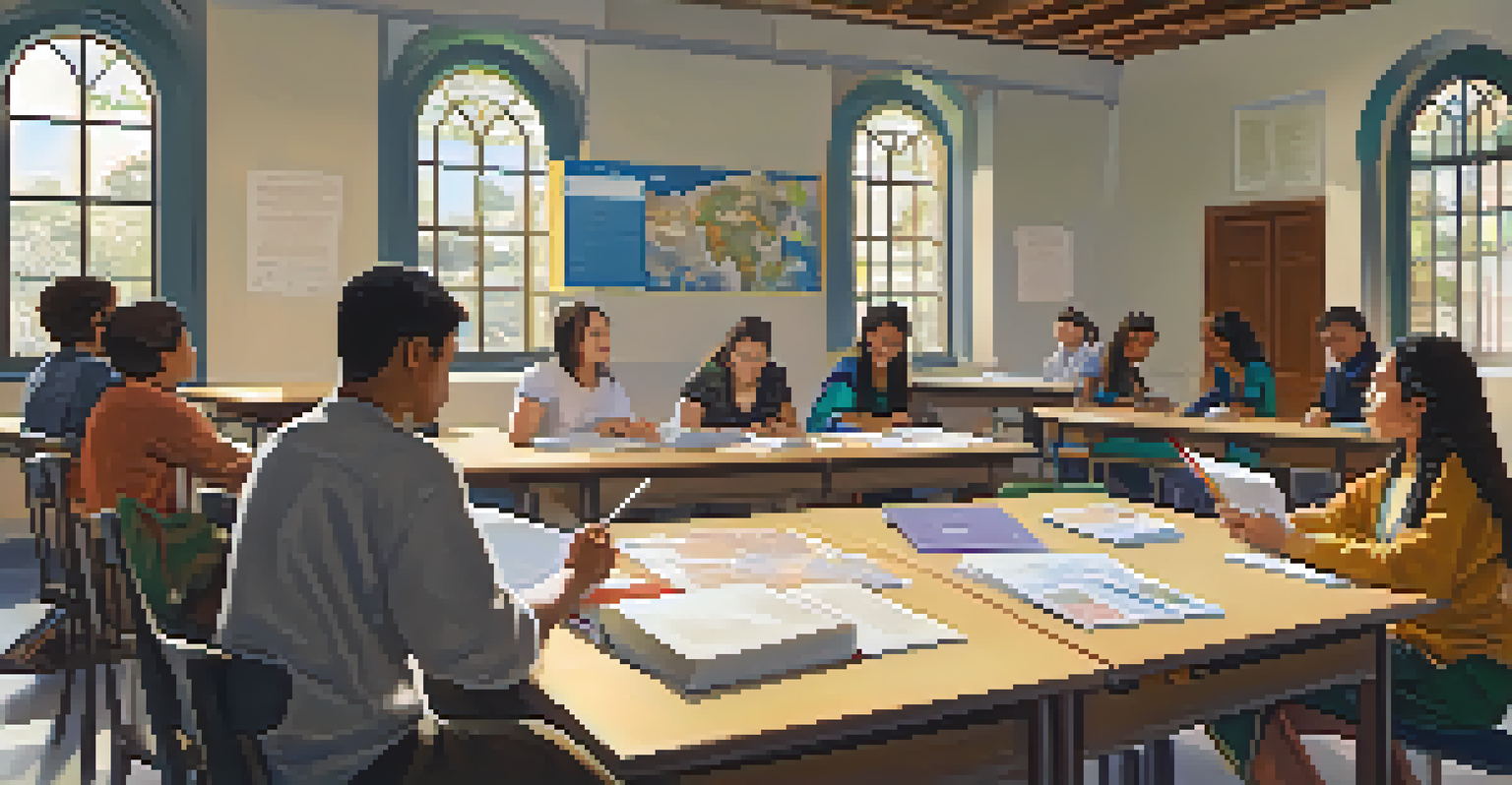 Students of diverse backgrounds participating in an interfaith studies workshop in a classroom filled with educational materials.