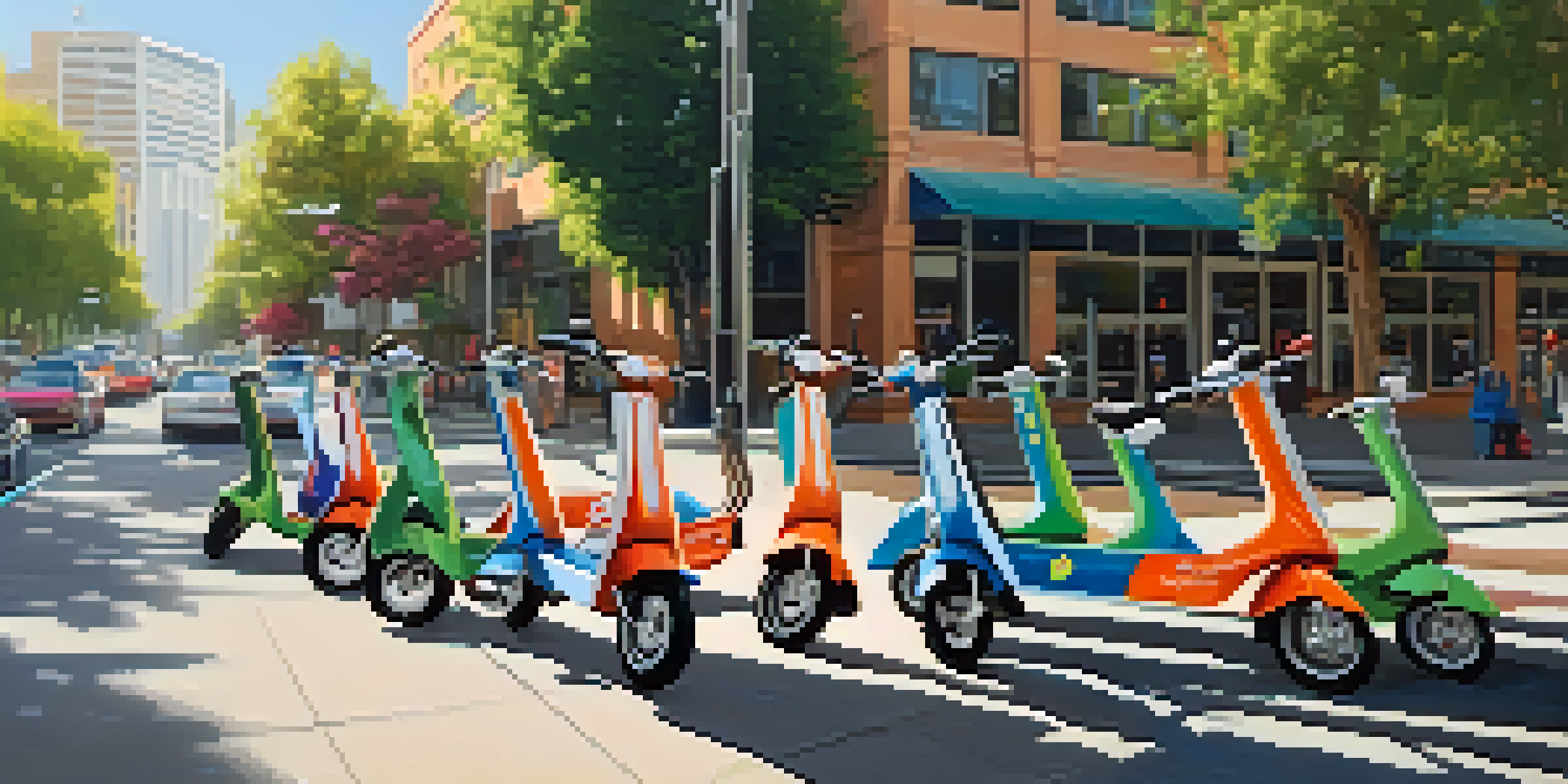 A vibrant city street in Sacramento with multiple e-scooters parked in a bike lane, surrounded by buildings and trees under sunny skies.