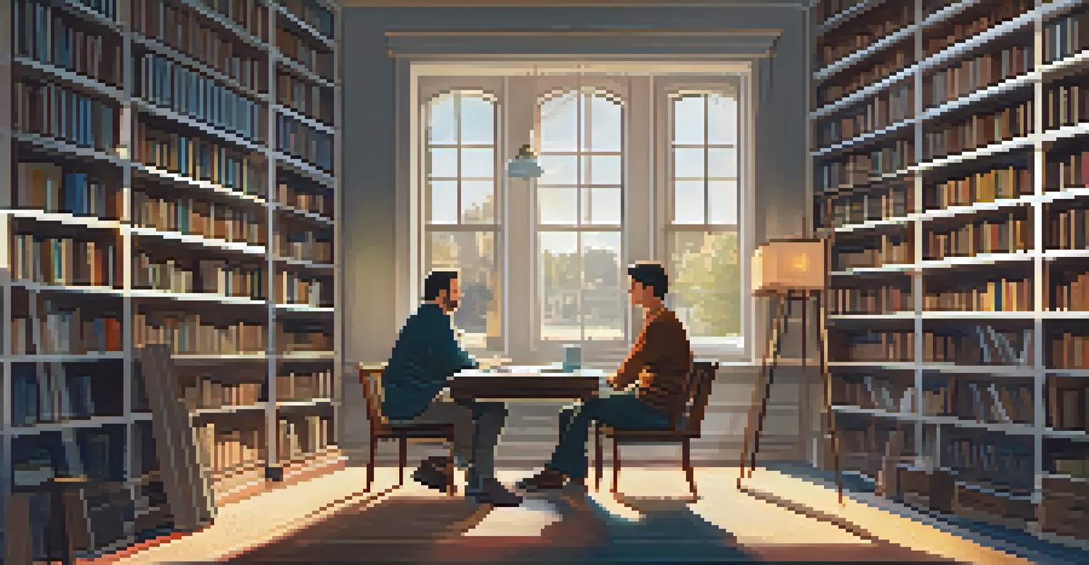 A young student and an older mentor engaged in a conversation in a library, surrounded by books, with warm light coming through a window.