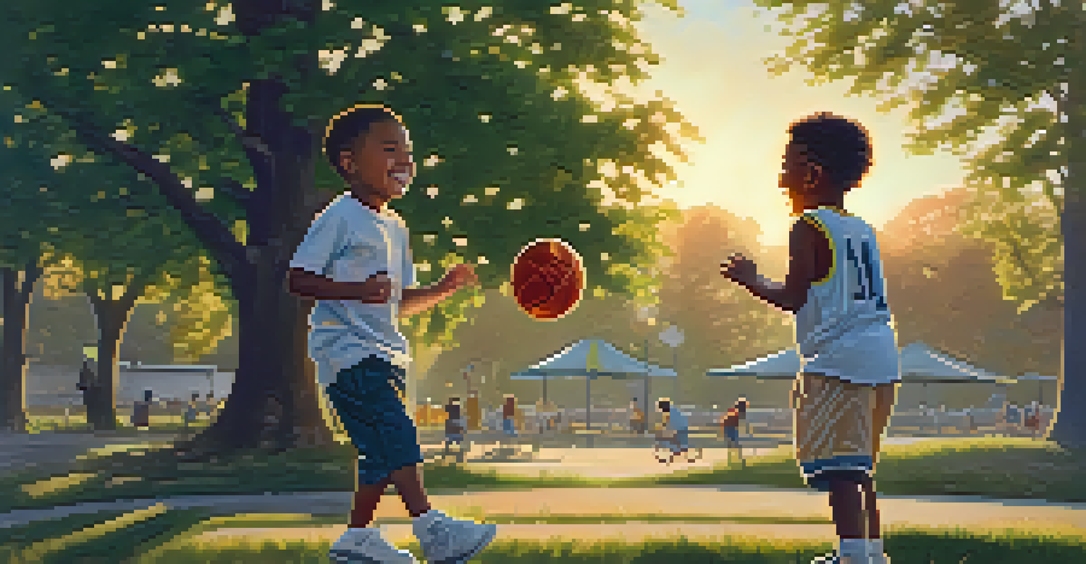 A Big Brother and Little Brother playing basketball in a park during sunset, representing mentorship and friendship.