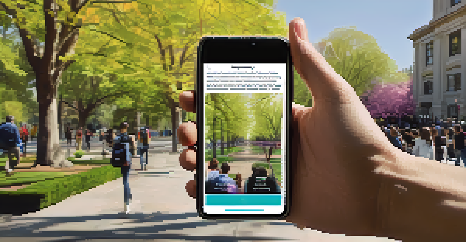 A close-up of a hand holding a smartphone with a tech job app, set against a university campus background.