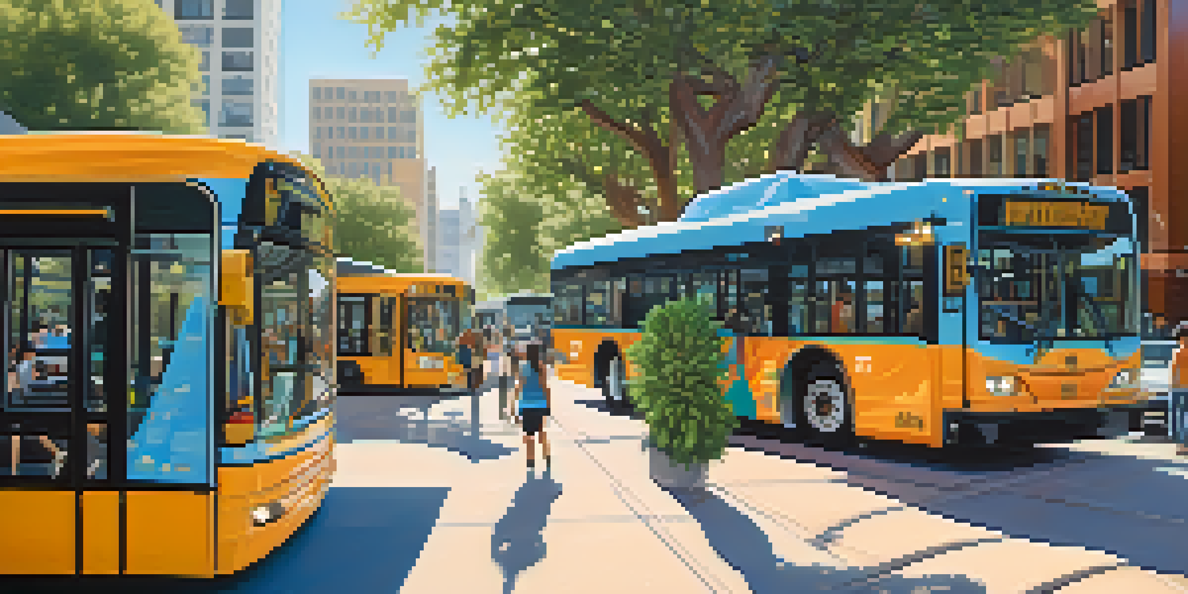A bustling transit hub in Sacramento with electric buses and autonomous shuttles, showing diverse people and modern buildings under a sunny sky.