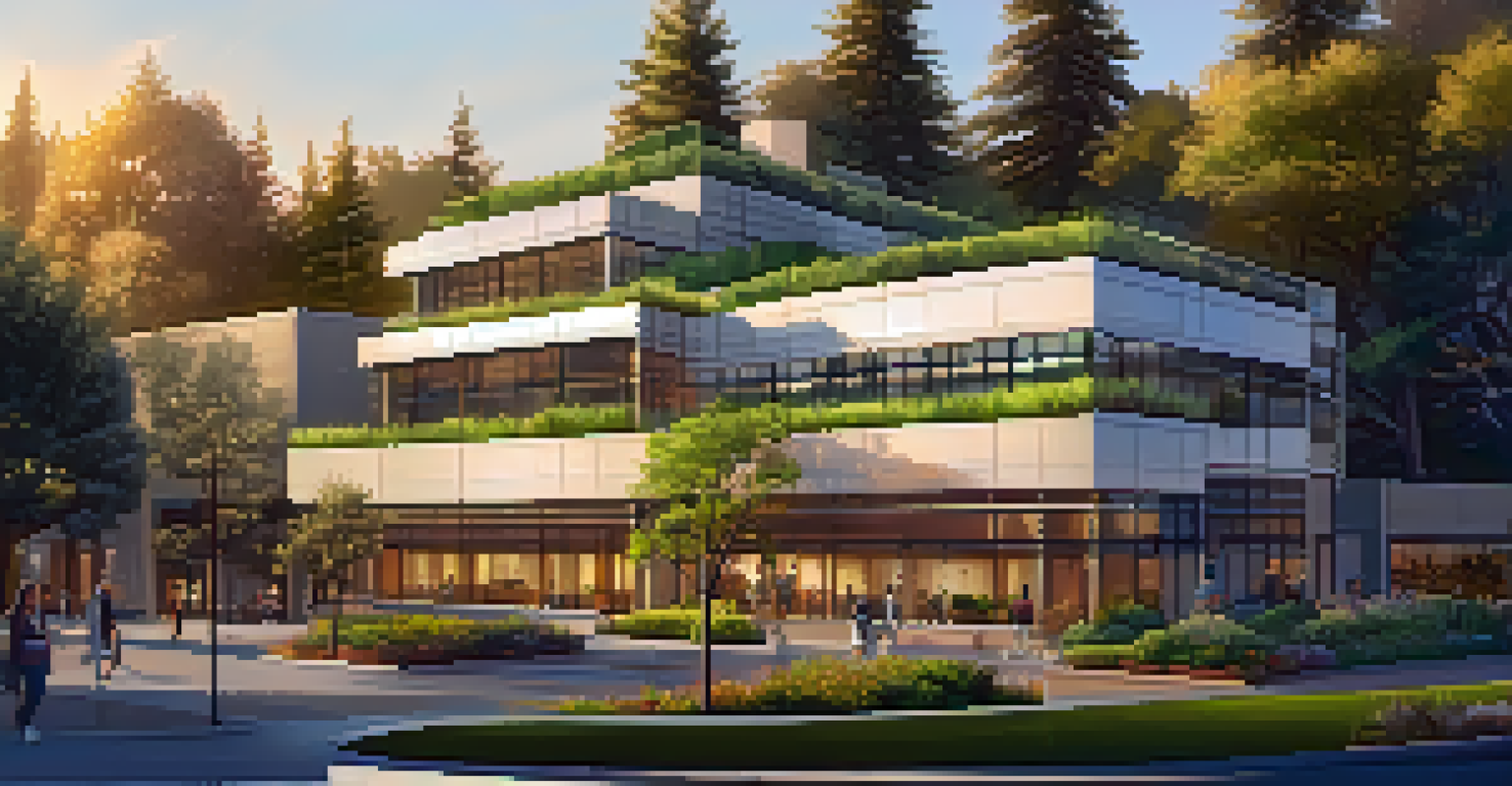 A modern LEED Platinum certified building in downtown Sacramento, surrounded by greenery and illuminated by the warm light of sunset.
