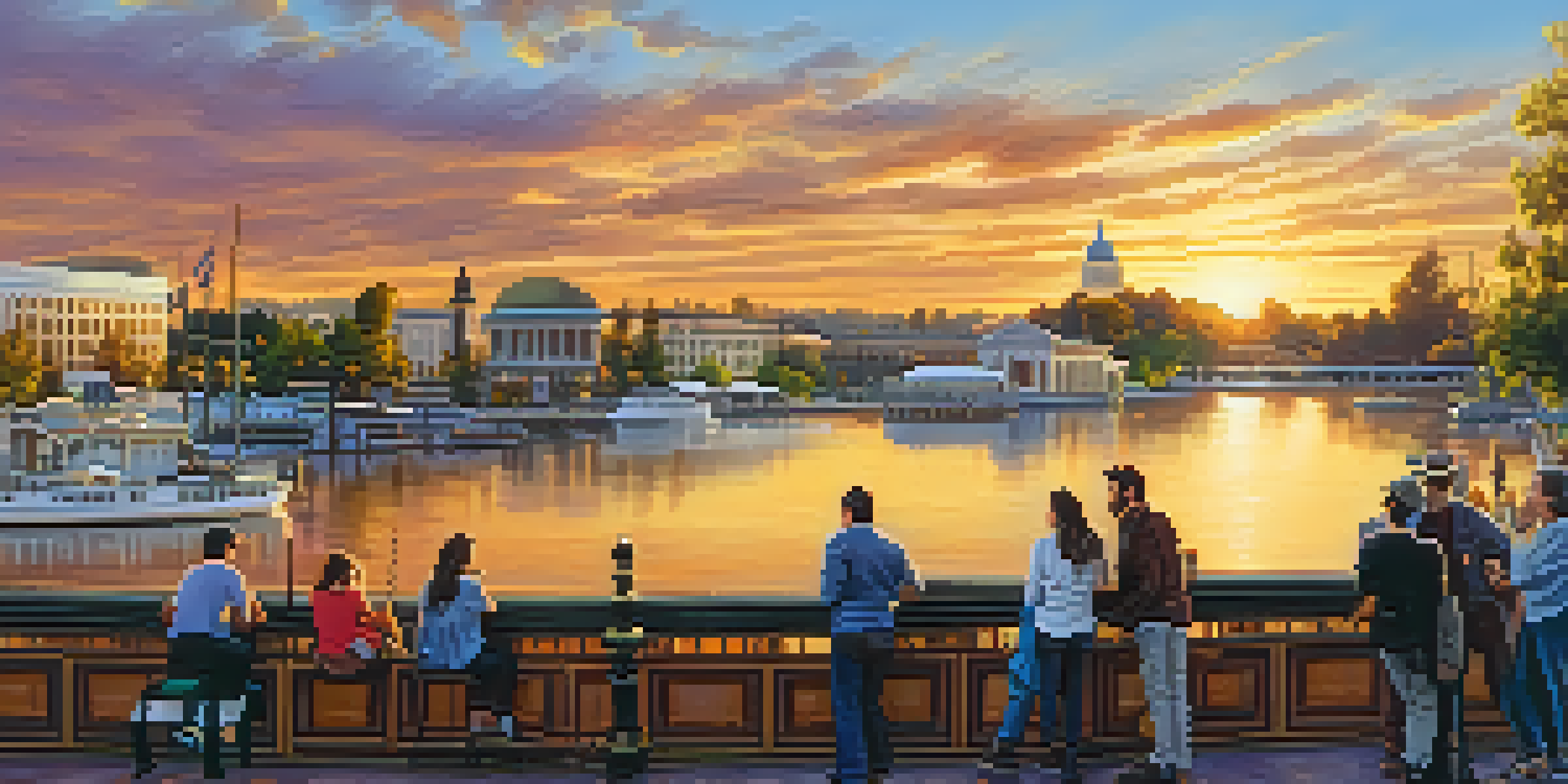 A scenic view of Sacramento's Old Town during sunset, featuring historic buildings and people walking by the river.
