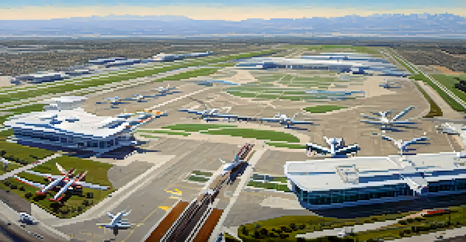 Aerial view of Sacramento International Airport with new terminals and planes in the sky.