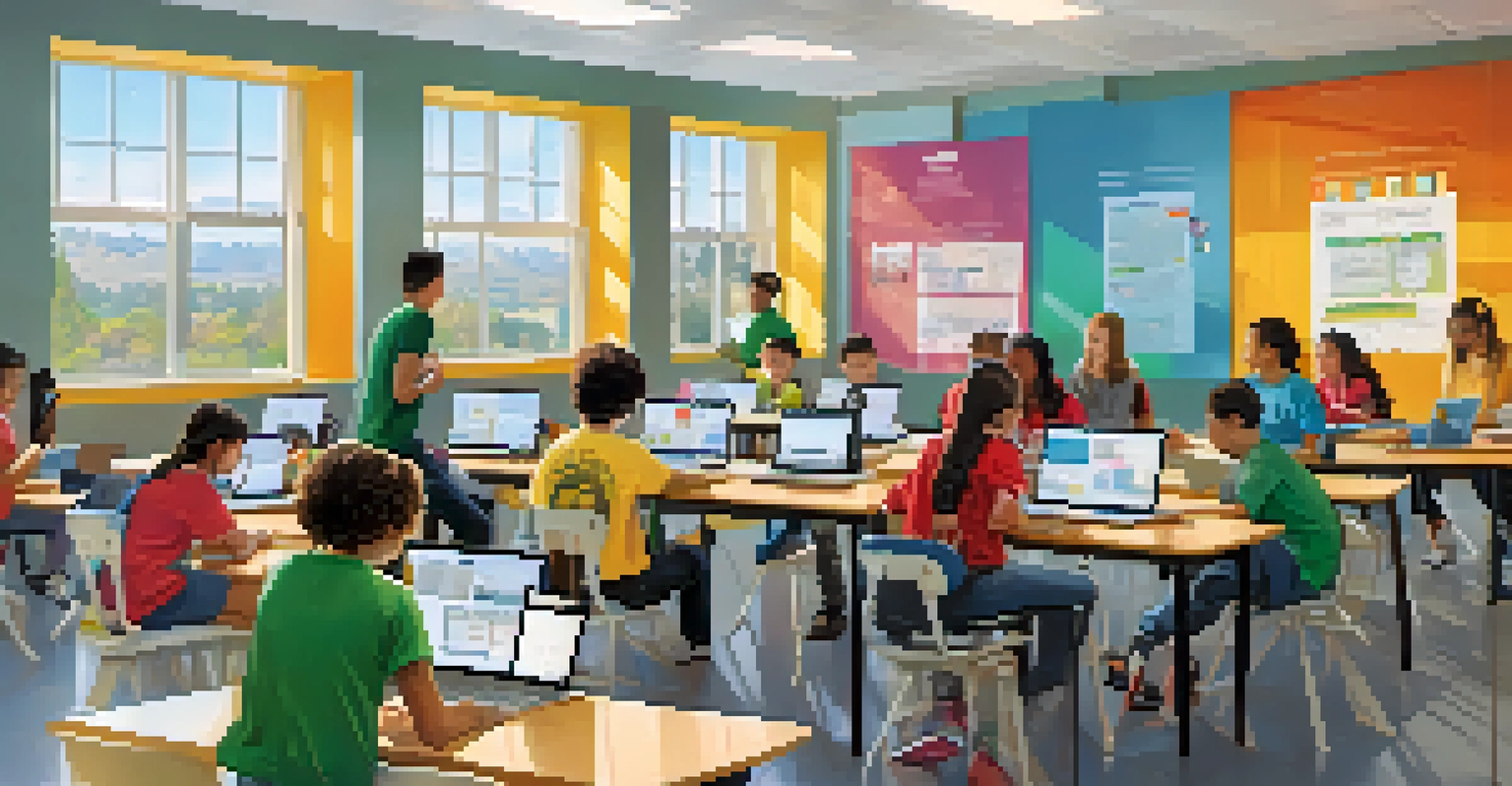 Students participating in a coding workshop in a bright classroom decorated with technology-related posters.