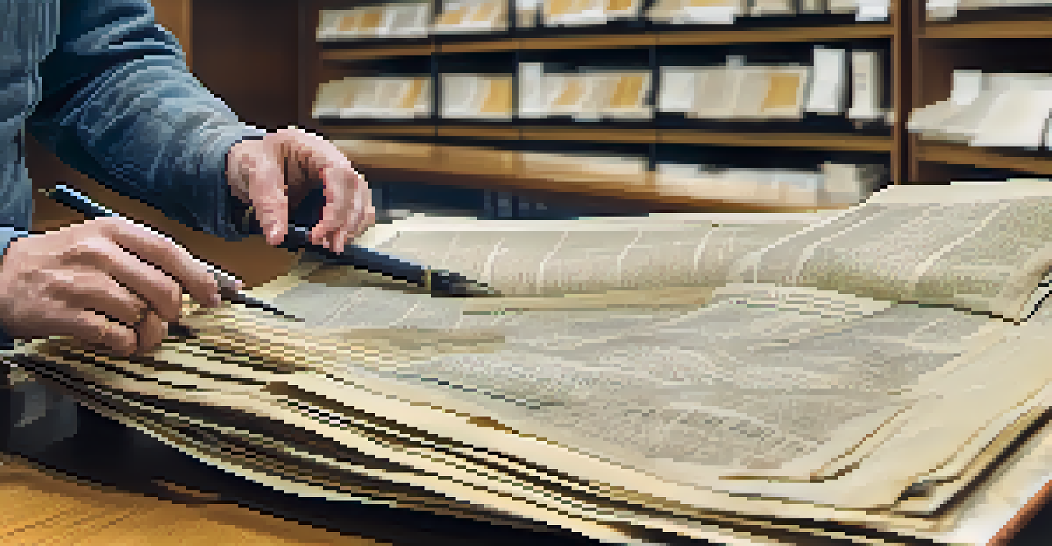 A librarian carefully handling a fragile newspaper clipping in an archival setting, with preservation materials in the background.