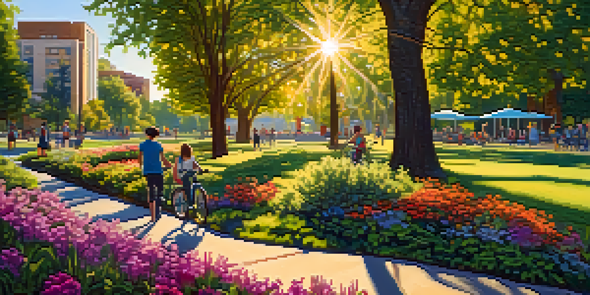 An urban park filled with green trees and colorful flowers, with families engaging in outdoor activities and sunlight filtering through the leaves.