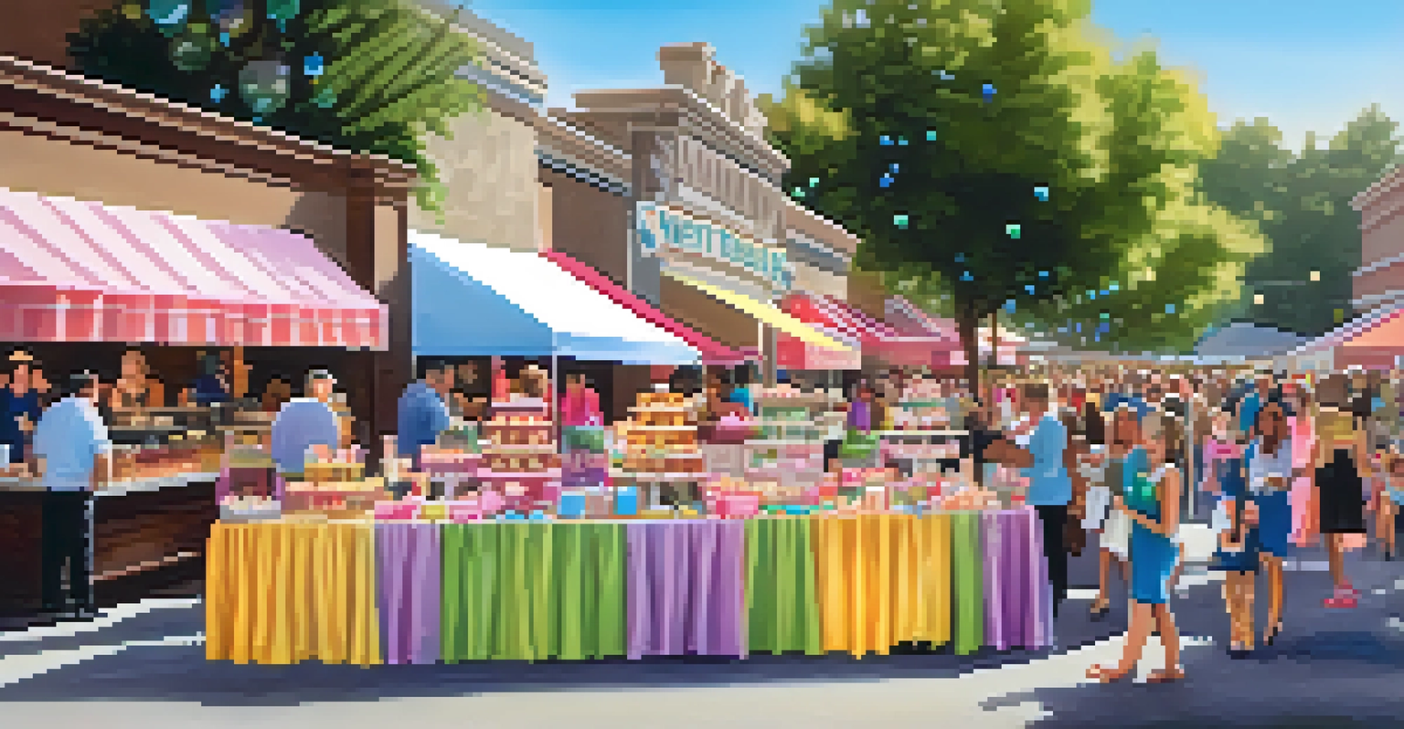 A festive dessert festival displaying a variety of colorful sweets and happy attendees sampling treats.