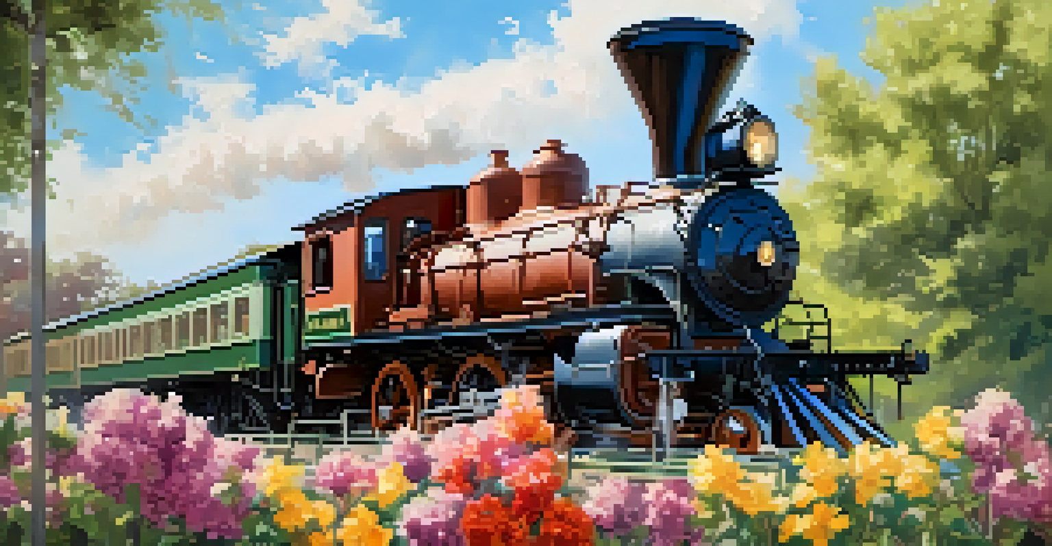 An outdoor scene featuring a vintage steam locomotive at the Sacramento History Museum with children playing nearby.