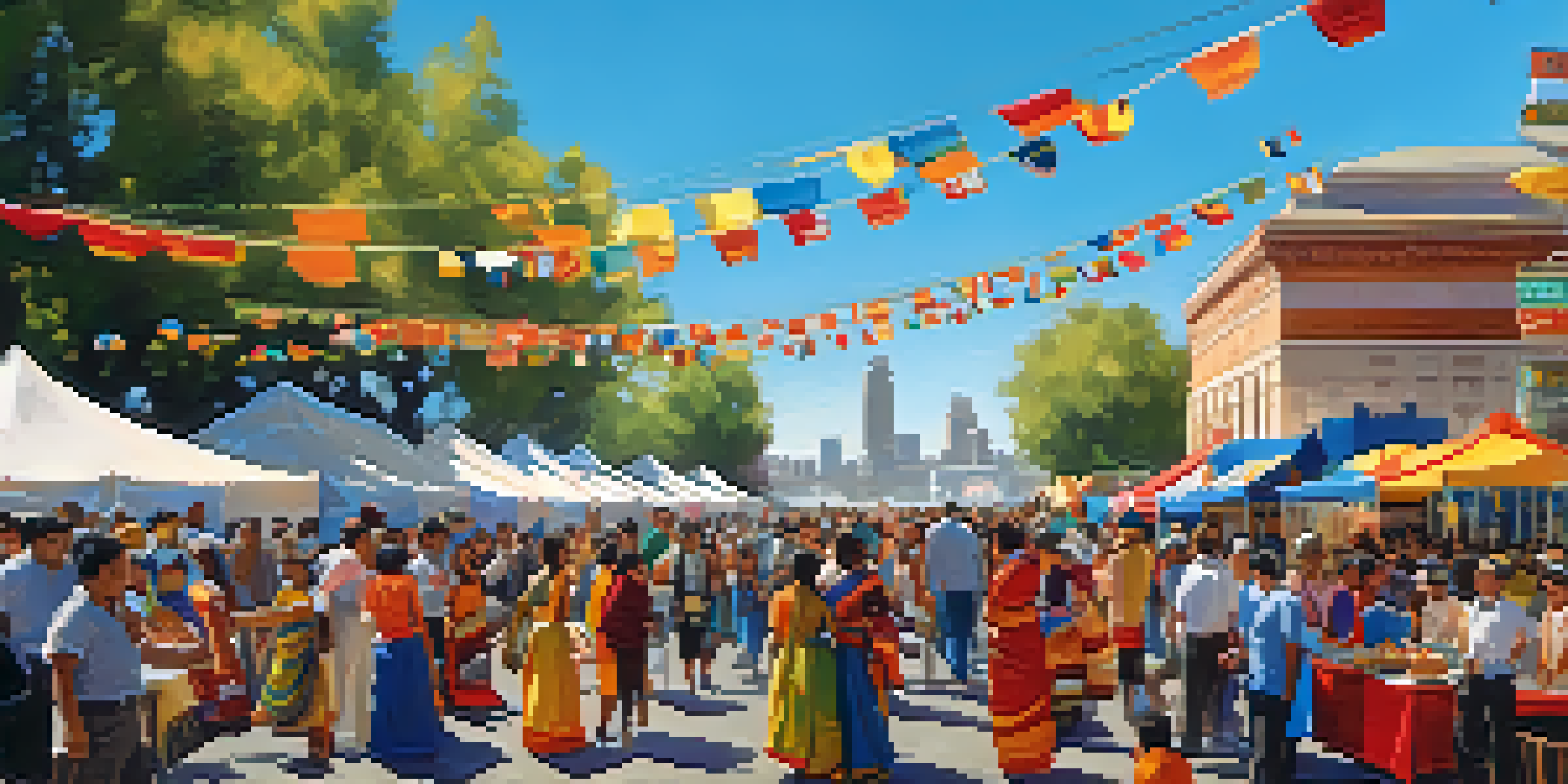 A lively festival in Sacramento with people dancing, colorful decorations, and food stalls representing various cultures.