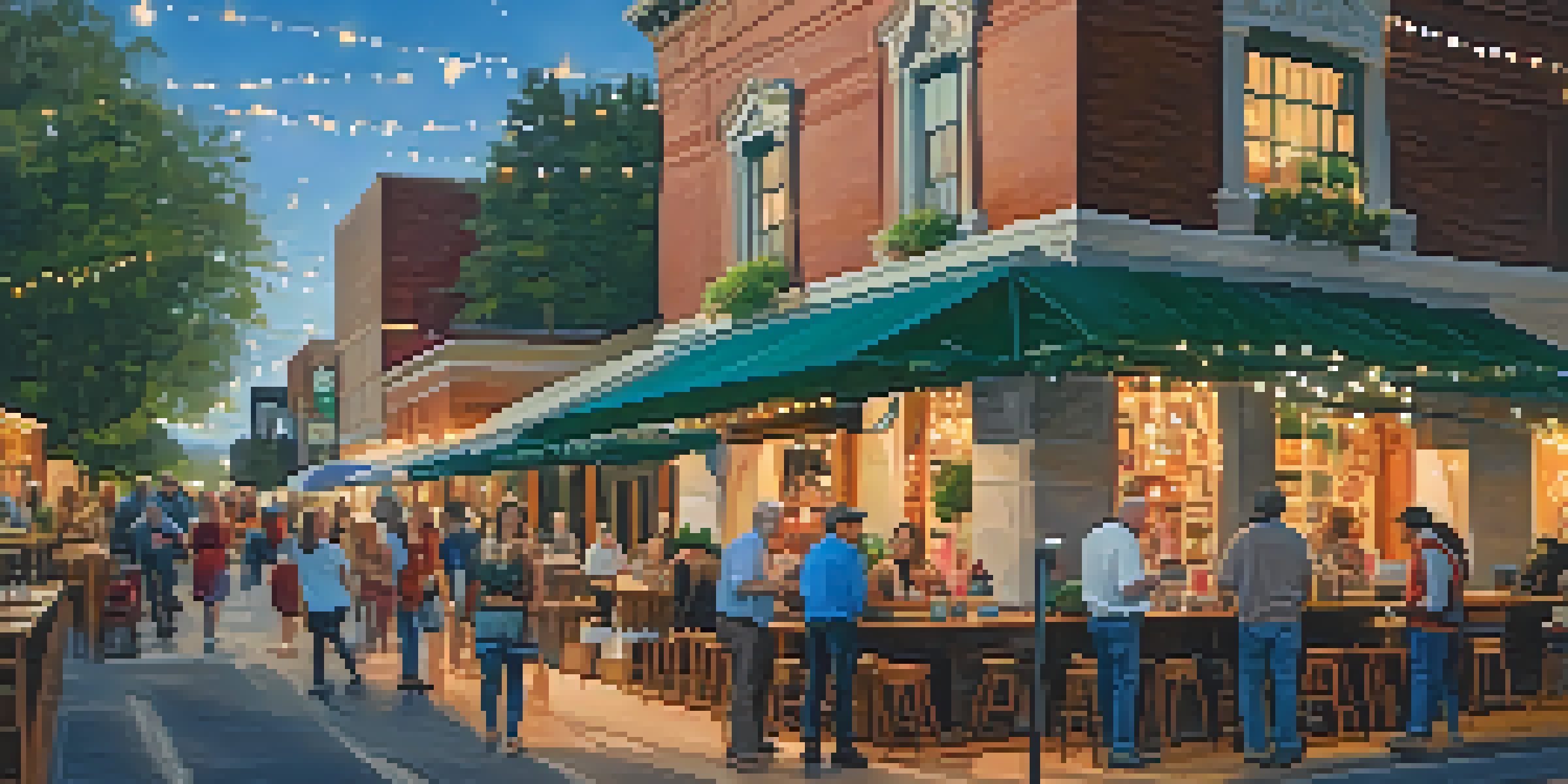 A bustling street scene during an art walk in the Historic Mill District, with artists and visitors interacting under fairy lights.