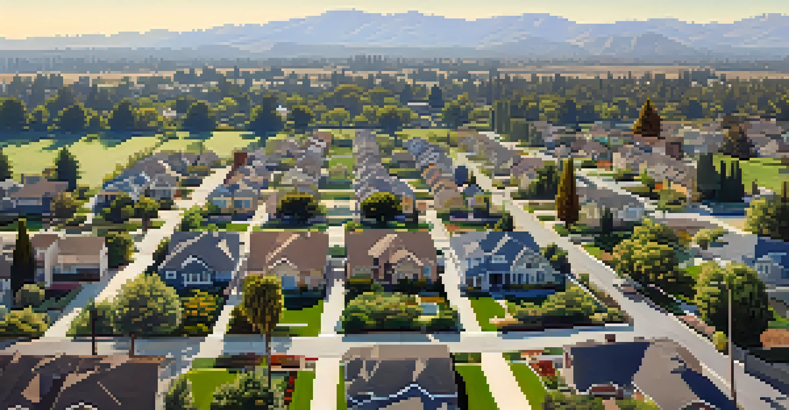 An aerial view of a suburban neighborhood in Sacramento, showing diverse homes and lush greenery, with mountains in the background.