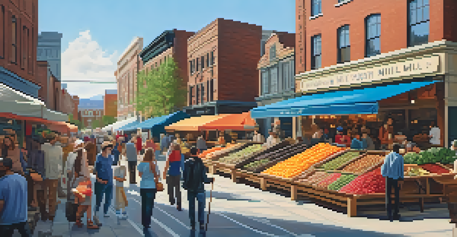 A lively community market in Sacramento's Mill District with diverse vendors and preserved historical buildings under a blue sky.