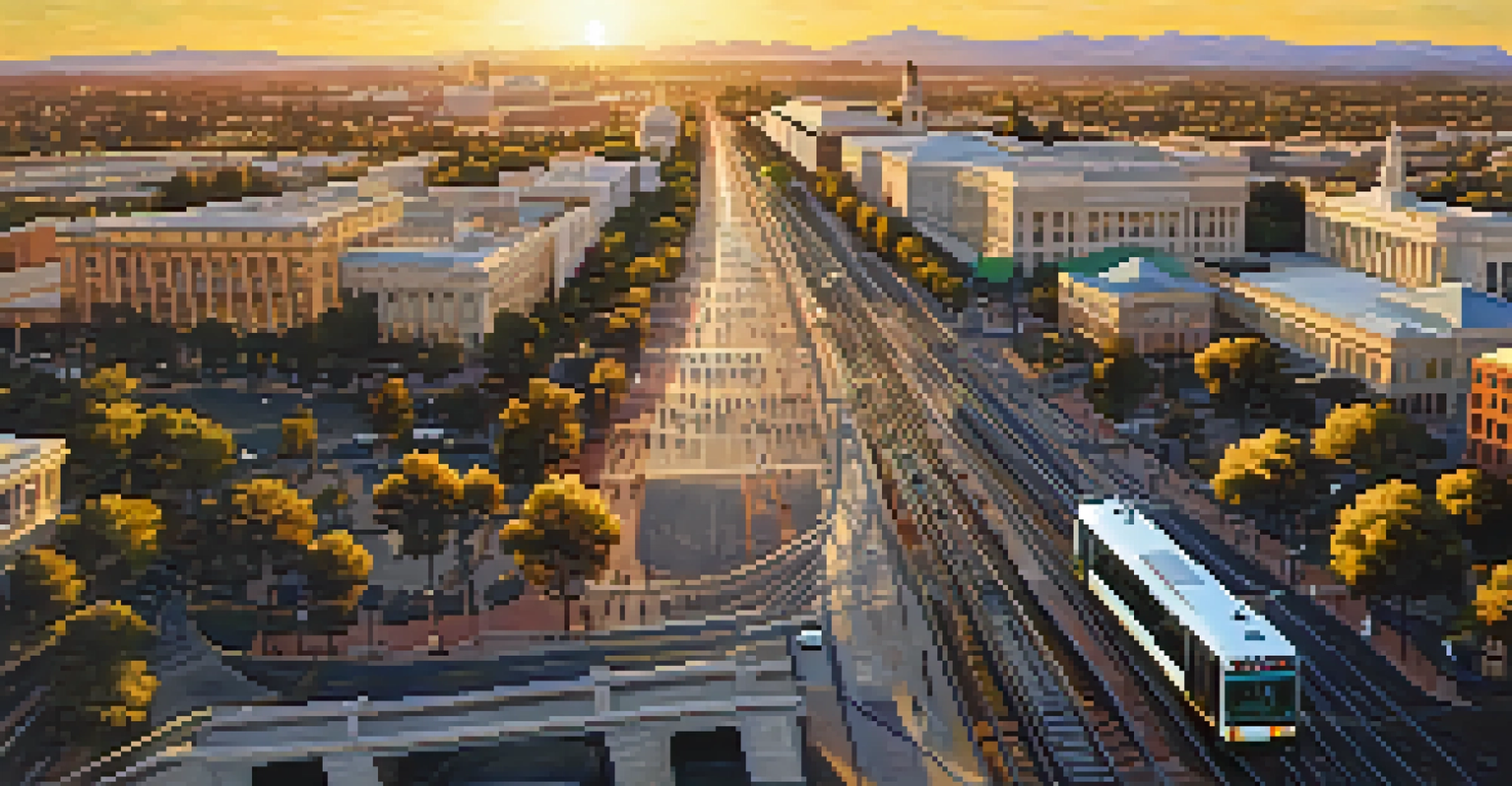 An aerial view of Sacramento's public transit network with buses and light rail lines, showing key landmarks.