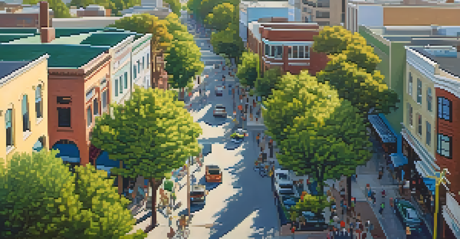 An aerial view of a vibrant Sacramento neighborhood with students and local businesses.