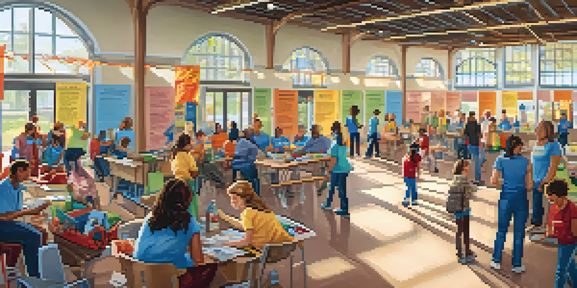 A lively community center in Sacramento with volunteers and families participating in disaster preparedness training, with bright banners and sunlight streaming in.