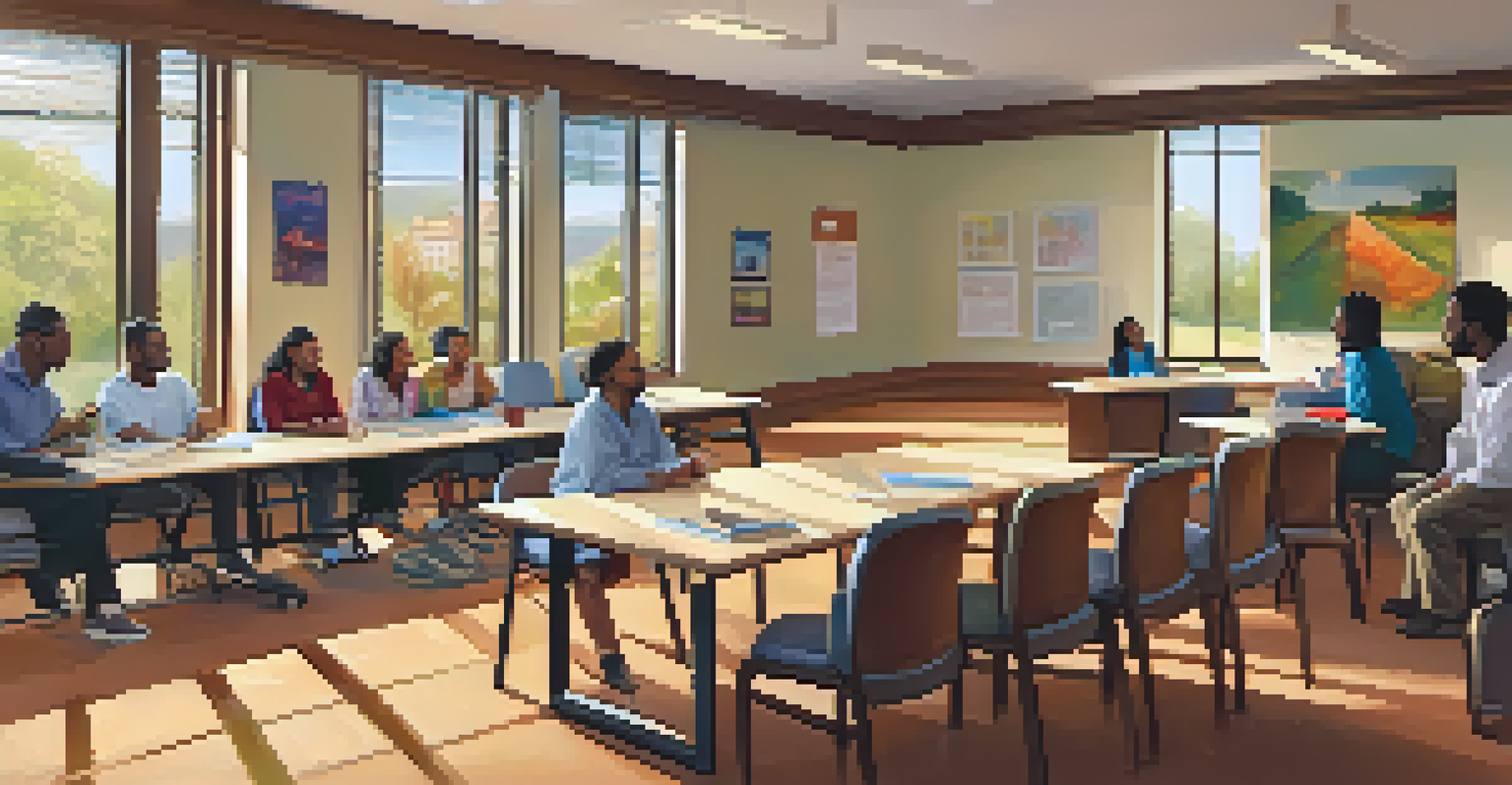 An interior view of a mentorship program meeting room with mentors and mentees engaged in discussion, filled with natural light and colorful materials.