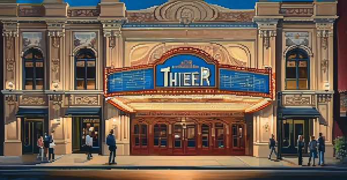 A historic theater in Sacramento with ornate architecture and vintage lights, surrounded by people in a twilight setting.