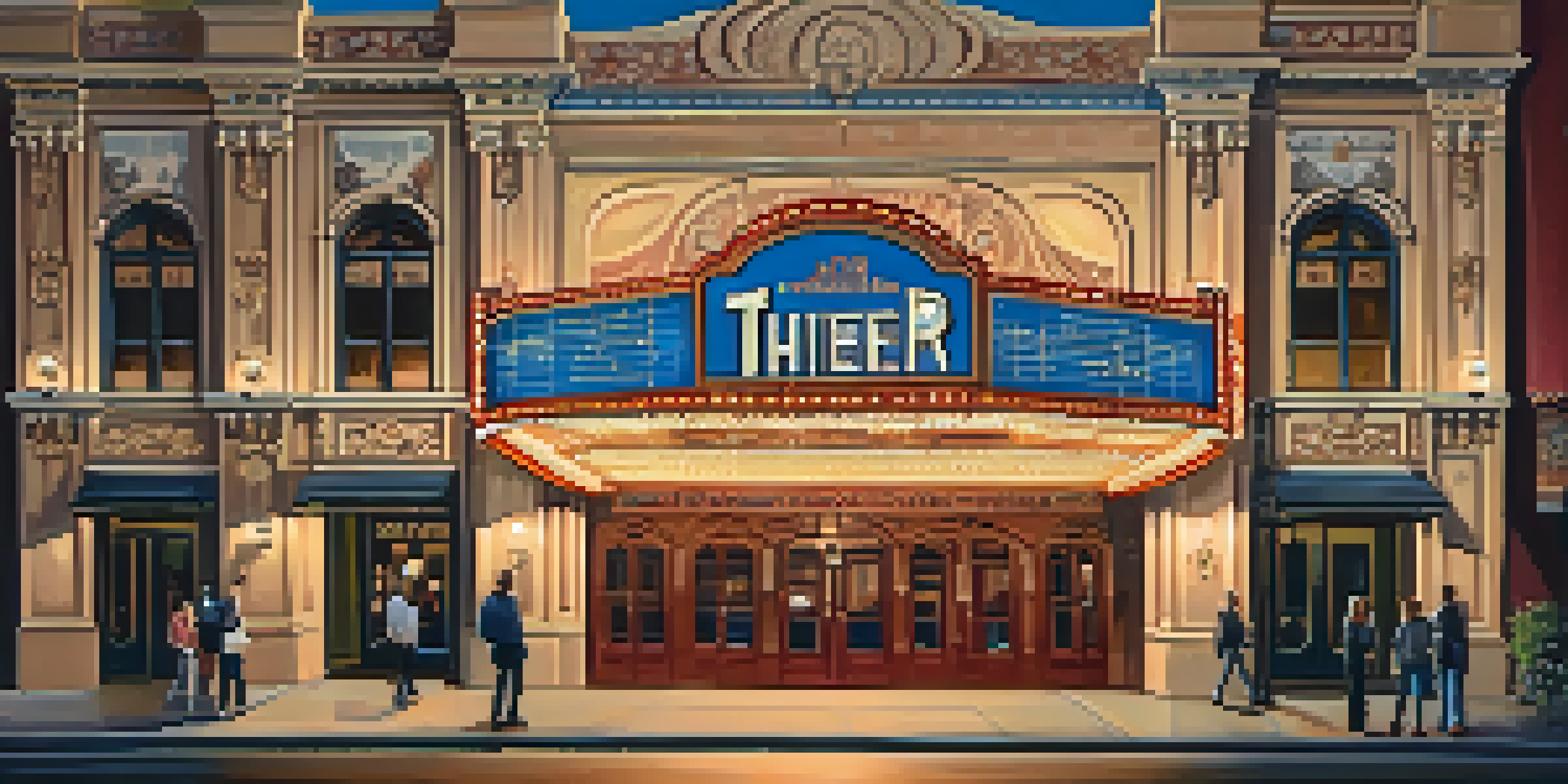 A historic theater in Sacramento with ornate architecture and vintage lights, surrounded by people in a twilight setting.