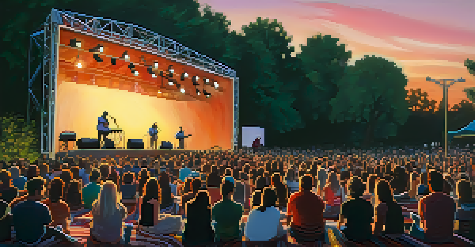 A singer-songwriter performing at the Sacramento Music Festival, with an engaged audience seated on picnic blankets and colorful artwork in the background.