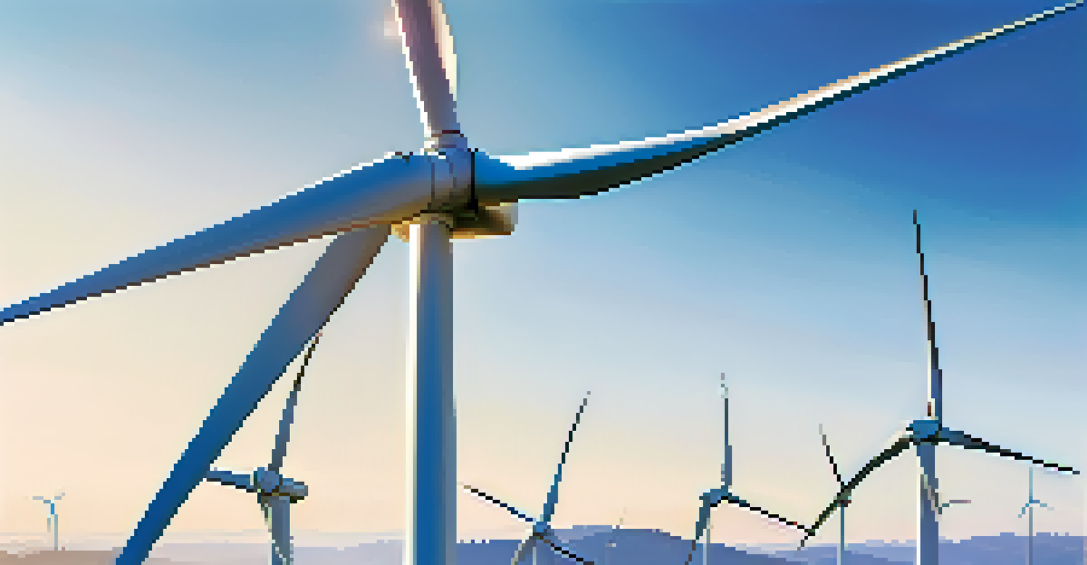 A close-up of the blades of a wind turbine in motion against a blue sky and distant mountains.
